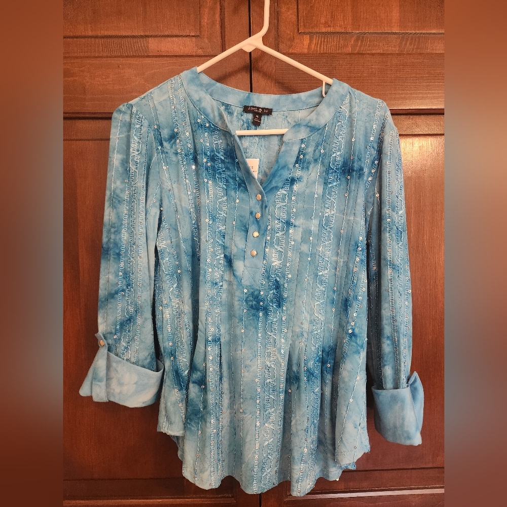 Blue 3/4 Sleeve Relaxed Blouse with Mandarin Collar